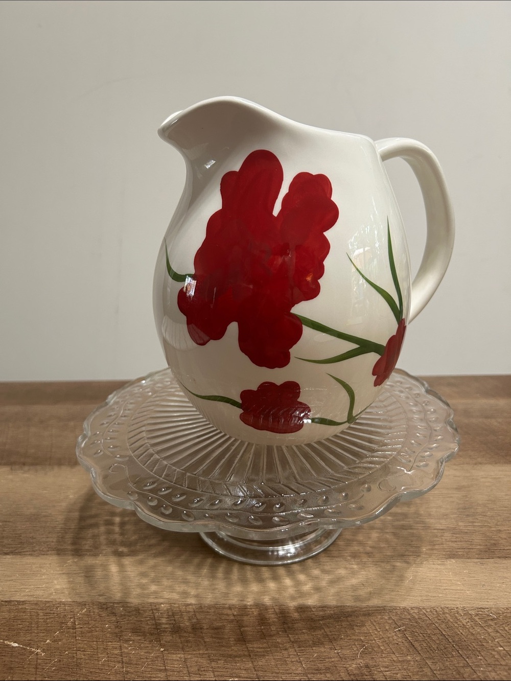 Ceramic White Red Poppies Pitcher Serving Jug Holds 10 Cups Lemonade Margaritas